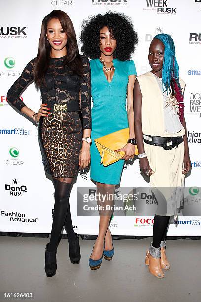 Model Ify Jones, actress Kendra Etufunwa, and DJ Mari Malek attend Nolcha Fashion Week New York 2013 presented by RUSK at Pier 59 Studios on February...