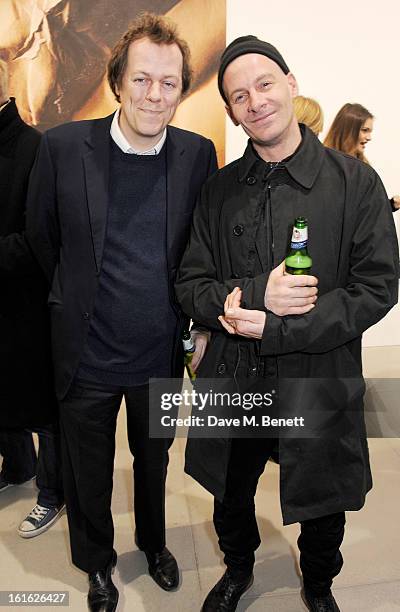 Tom Parker Bowles and Paul Rowe attend a private view of 'Mat Collishaw: This Is Not An Exit' at Blaine/Southern Gallery on February 13, 2013 in...