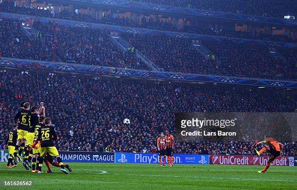 Darijo Srna of Donetsk scores his teams first goal during the UEFA Champions League Round of 16 first leg match between Shakhtar Donetsk and Borussia...