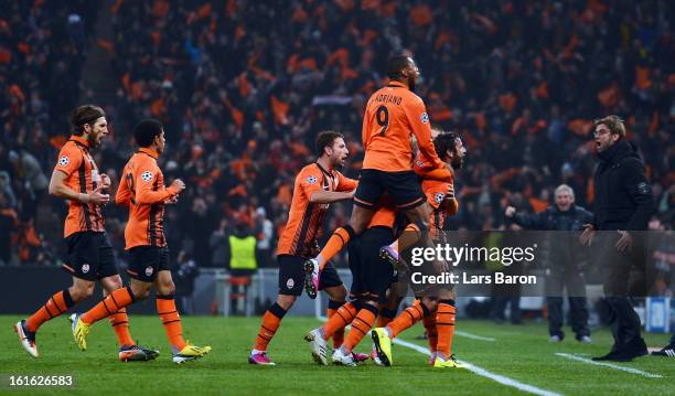 Darijo Srna of Donetsk celebrates after scoring his teams first goal during the UEFA Champions League Round of 16 first leg match between Shakhtar...