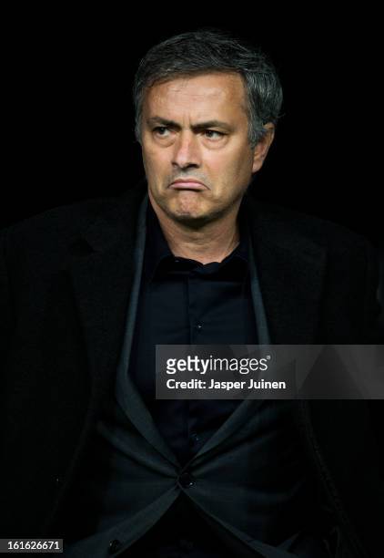 Head coach Jose Mourinho of Real Madrid looks on during the UEFA Champions League Round of 16 first leg match between Real Madrid and Manchester...