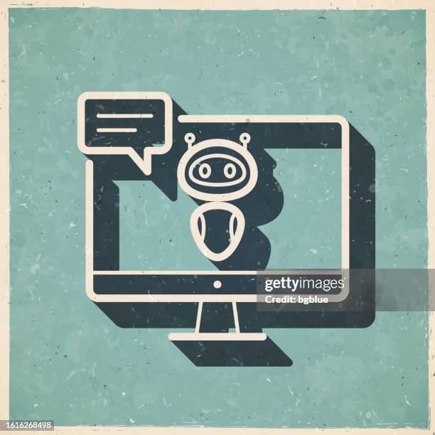 desktop computer with chatbot. icon in retro vintage style - old textured paper - tv screen texture stock illustrations