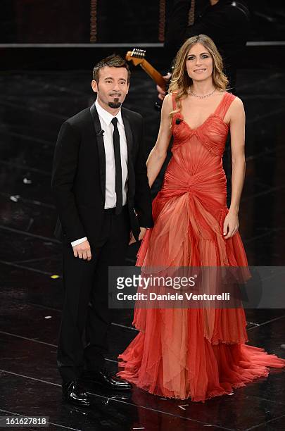 Max Biaggi and Eleonora Pedron attend the second night of the 63rd Sanremo Song Festival at the Ariston Theatre on February 13, 2013 in Sanremo,...