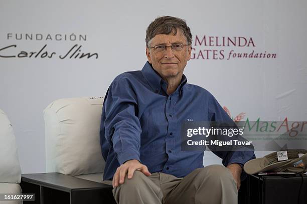 Bill Gates during a press conference at the CIMMYT on February 13, 2013 in Texcoco, Mexico. Gates and Slim announce a collaboration of their...