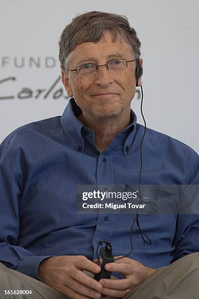 Bill Gates during a press conference at the CIMMYT on February 13, 2013 in Texcoco, Mexico. Gates and Slim announce a collaboration of their...
