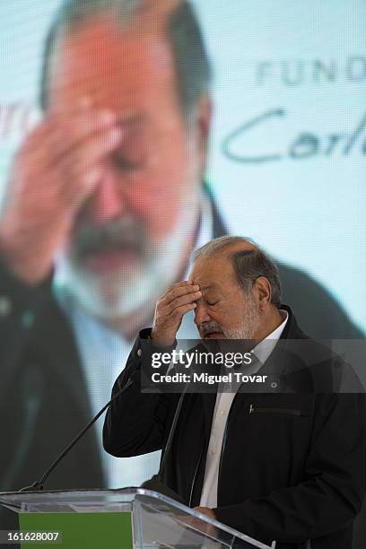 Carlos Slim during a press conference at the CIMMYT on February 13, 2013 in Texcoco, Mexico. Gates and Slim announce a collaboration of their...