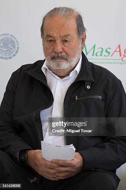 Carlos Slim during a press conference at the CIMMYT on February 13, 2013 in Texcoco, Mexico. Gates and Slim announce a collaboration of their...