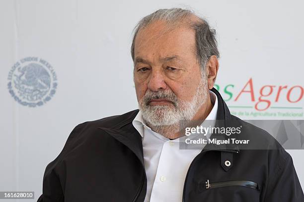 Carlos Slim during a press conference at the CIMMYT on February 13, 2013 in Texcoco, Mexico. Gates and Slim announce a collaboration of their...