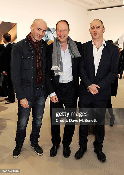 Jason Brooks, Harry Blaine and Dinos Chapman attend a private view of 'Mat Collishaw: This Is Not An Exit' at Blaine/Southern Gallery on February 13,...