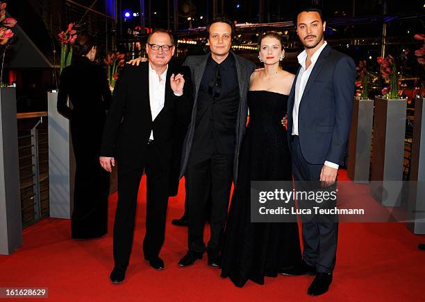 Actors Burghart Klaussner, August Diehl, Melanie Laurent and Jack Huston attend the 'Night Train to Lisbon' Premiere during the 63rd Berlinale...