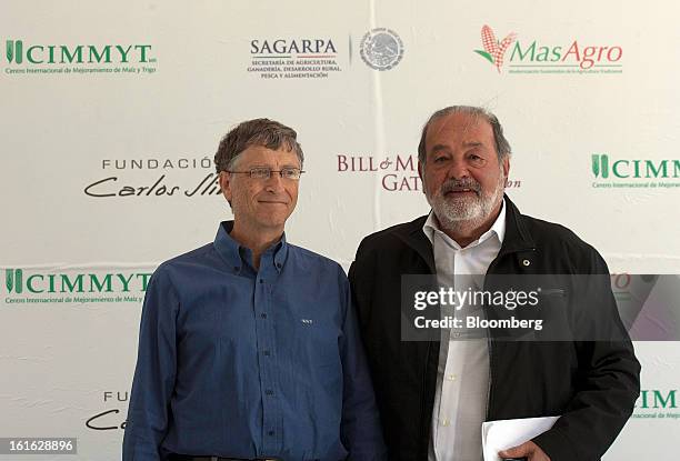 Billionaires Bill Gates, left, and Carlos Slim hold a news conference to announce donations to Mexico's International Maize and Wheat Improvement...