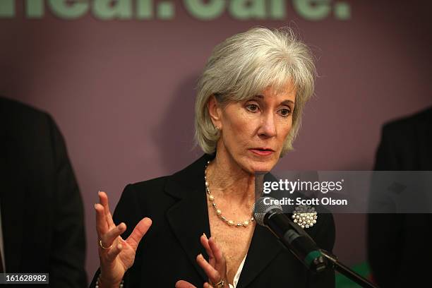 Health and Human Services Secretary Kathleen Sebelius speaks during a press conference at the Erie Family Health Center on February 13, 2013 in...