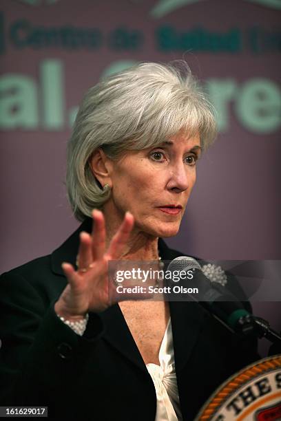 Health and Human Services Secretary Kathleen Sebelius speaks during a press conference at the Erie Family Health Center on February 13, 2013 in...