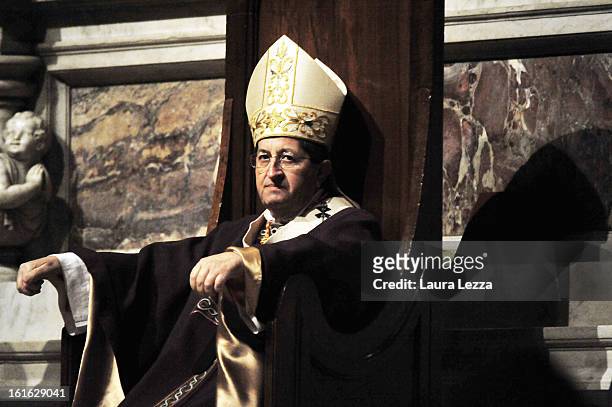 The Archbishop of Florence Giuseppe Betori celebrates theAsh Wednesday Mass in the Duomo of Basilica di Santa Maria del Fiore on February 13, 2013 in...