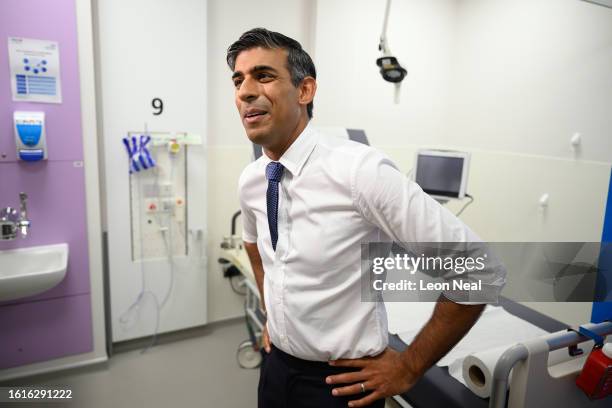 Prime Minister Rishi Sunak is interviewed for a pool television clip during a visit to Milton Keynes University Hospital on August 15, 2023 in Milton...