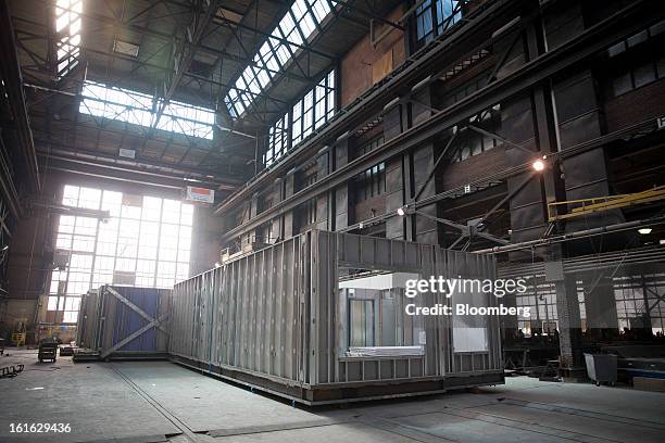 Capsys Corp. Modular housing unit under construction sits on the factory floor at the Brooklyn Navy Yard in the Brooklyn borough of New York, U.S.,...