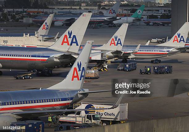 American Airlines planes are seen on the tarmac at the Miami International Airport on February 12, 2013 in Miami, Florida. Reports indicate that a...