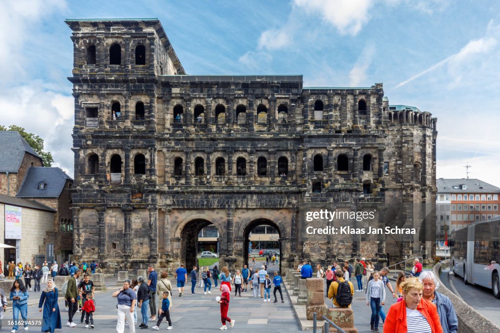 The entrance of the back side of the Porta Nigra port city in Trier, Germany