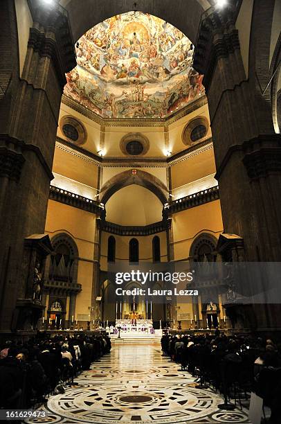 The Archbishop of Florence Giuseppe Betori celebrates Ash Wednesday Mass in the Duomo of Santa Maria del Fiore on February 13, 2013 in Florence,...