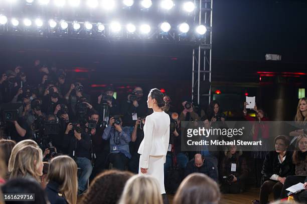 Model Shu Pei Qin walks the runway at Philosophy By Natalie Ratabesi during fall 2013 Mercedes-Benz Fashion Week on February 13, 2013 in New York...