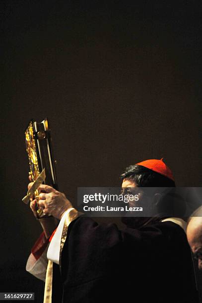 The Archbishop of Florence Giuseppe Betori celebrates Ash Wednesday Mass in the Duomo of Santa Maria del Fiore on February 13, 2013 in Florence,...