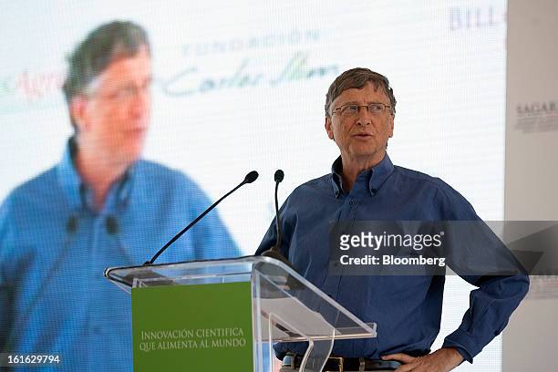 Billionaire Bill Gates speaks during a news conference with Carlos Slim, unseen, to announce donations to Mexico's International Maize and Wheat...