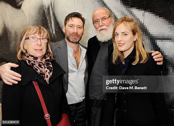 Mat Collishaw and Polly Morgan pose with Mat's parents at a private view of 'Mat Collishaw: This Is Not An Exit' at Blaine/Southern Gallery on...