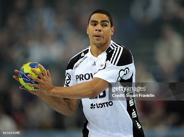 Daniel Narcisse of Kiel in action during the HBL Bundesliga game between THW Kiel and TSV Hannover-Burgdorf at the Sparkassen arena on February 13,...