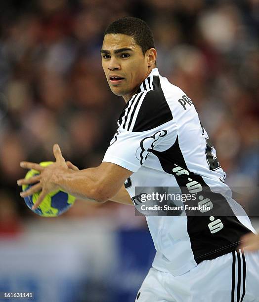 Daniel Narcisse of Kiel in action during the HBL Bundesliga game between THW Kiel and TSV Hannover-Burgdorf at the Sparkassen arena on February 13,...