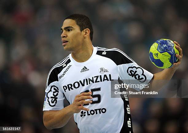 Daniel Narcisse of Kiel in action during the HBL Bundesliga game between THW Kiel and TSV Hannover-Burgdorf at the Sparkassen arena on February 13,...