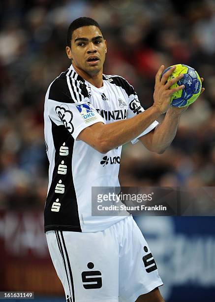 Daniel Narcisse of Kiel in action during the HBL Bundesliga game between THW Kiel and TSV Hannover-Burgdorf at the Sparkassen arena on February 13,...