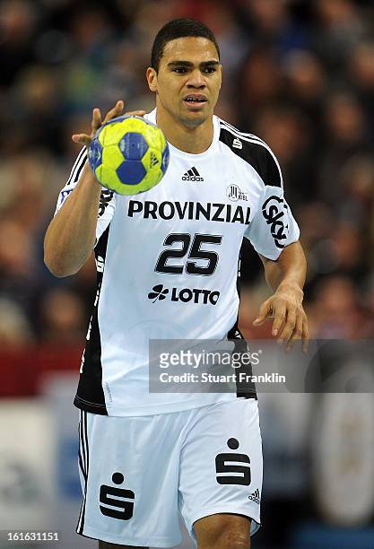 Daniel Narcisse of Kiel in action during the HBL Bundesliga game between THW Kiel and TSV Hannover-Burgdorf at the Sparkassen arena on February 13,...