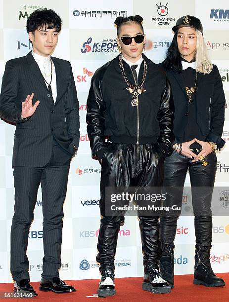 Seungri, Taeyang and G-Dragon of South Korean boy band Bigbang attend during the 2nd Gaon Chart K-POP Awards at Olympic Hall on February 13, 2013 in...