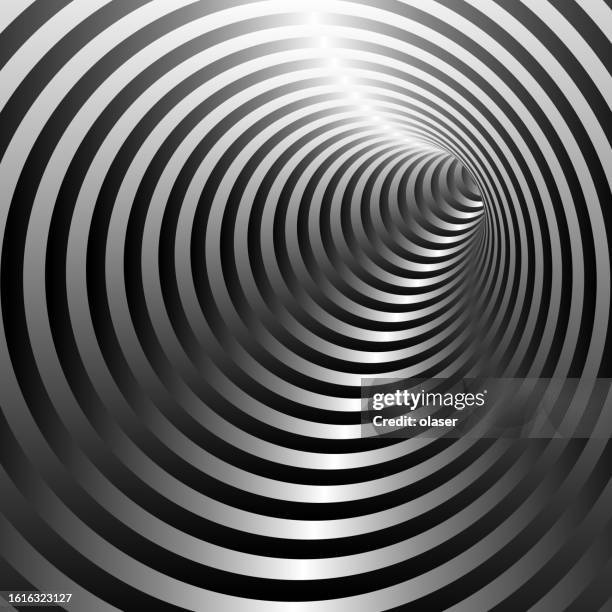 striped black and reflecting silver circles forming tunnel turning up and right. 3d vector - deeper insight stock illustrations