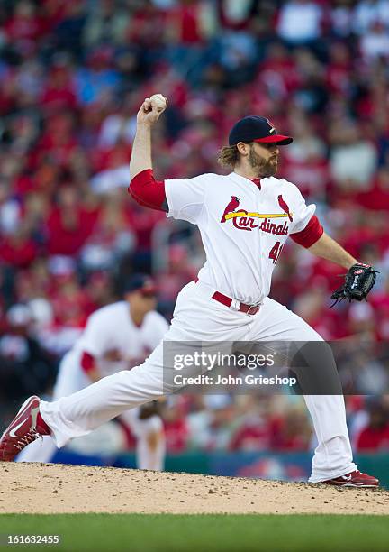 Mitchell Boggs of the St. Louis Cardinals pitches during Game 1 of the National League Division Series against the Washington Nationals at Busch...