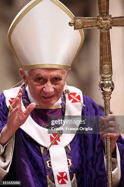 Pope Benedict XVI leads the Ash Wednesday service at the St. Peter's Basilica on February 13, 2013 in Vatican City, Vatican. Ash Wednesday opens the...