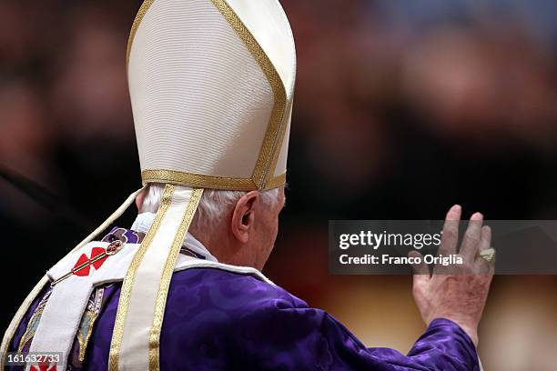 Pope Benedict XVI leads the Ash Wednesday service at the St. Peter's Basilica on February 13, 2013 in Vatican City, Vatican. Ash Wednesday opens the...