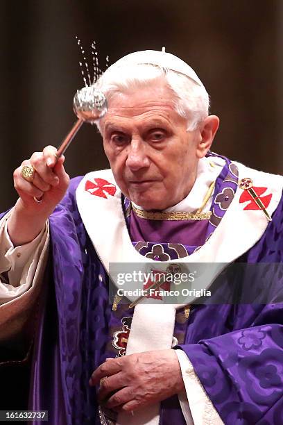 Pope Benedict XVI leads the Ash Wednesday service at the St. Peter's Basilica on February 13, 2013 in Vatican City, Vatican. Ash Wednesday opens the...