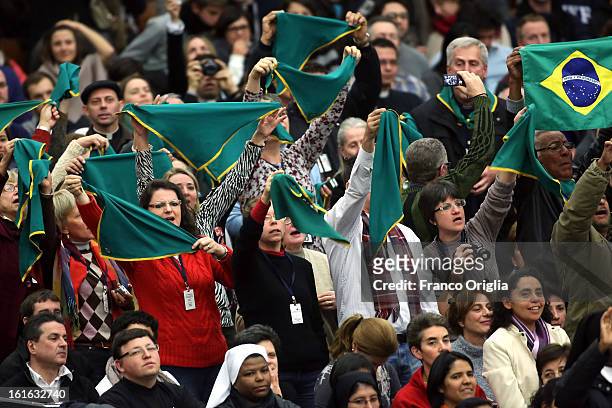 Faithful from Brasil attend Pope Benedict XVI's weekly audience on February 13, 2013 in Vatican City, Vatican. The Pontiff will hold his last weekly...