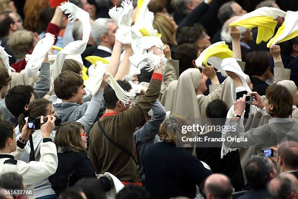 Faithful attend Pope Benedict XVI's weekly audience on February 13, 2013 in Vatican City, Vatican. The Pontiff will hold his last weekly public...