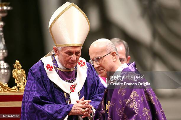 Pope Benedict XVI and Vatican Secretary of State cardinal Tarcisio Bertone attend the Ash Wednesday service at the St. Peter's Basilica on February...