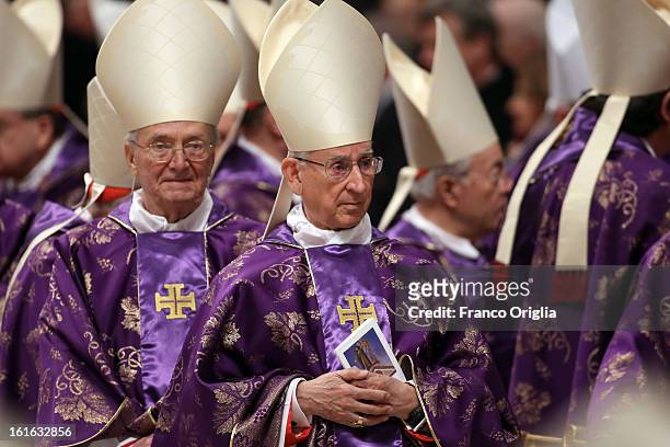 Colombian cardinal Castrillon Hoyos attends the Ash Wednesday service held by Pope Benedict XVI at St. Peter's Basilica on February 13, 2013 in...