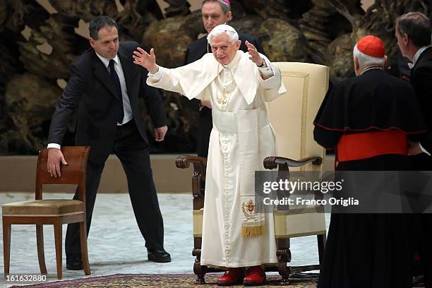 Pope Benedict XVI gives his weekly audience at the Paul VI Hall on February 13, 2013 in Vatican City, Vatican. The Pontiff will hold his last weekly...