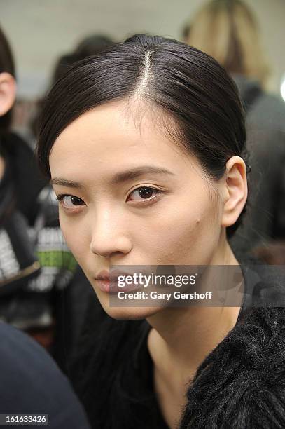 Model seen backstage at Marchesa during Fall 2013 Mercedes-Benz Fashion Week at New York Public Library - Celeste Bartos on February 13, 2013 in New...