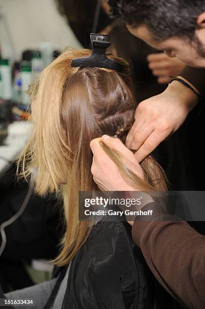 Model is prepared backsatge at Marchesa during Fall 2013 Mercedes-Benz Fashion Week at New York Public Library - Celeste Bartos on February 13, 2013...