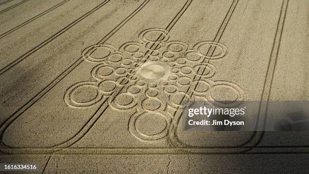 An aerial view of a geometric crop circle, measuring approximately 100 metres, in a field of wheat in Hampshire on July 29, 2023 near Winchester,...
