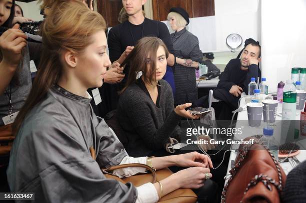 Models are prepared backstage at Marchesa during Fall 2013 Mercedes-Benz Fashion Week at New York Public Library - Celeste Bartos on February 13,...