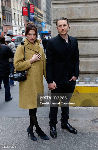 Lake Bell and Scott Campbell arrive backstage at the Marchesa Fall 2013 fashion show during Mercedes-Benz Fashion Week at The New York Public Library...