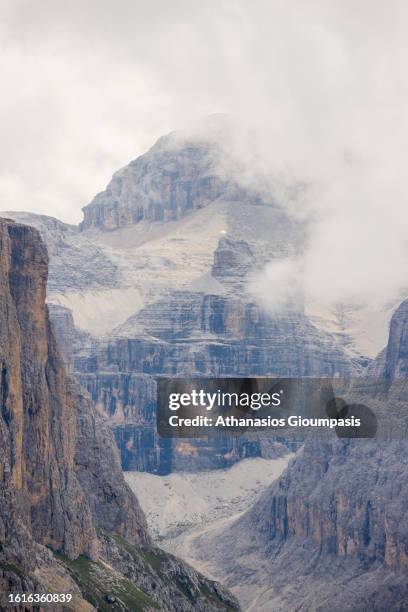 The Piz Boe mountain of the Sella group viewed from Sassolungo on August 04, 2023 Selva Di Val Gardena, Italy. .