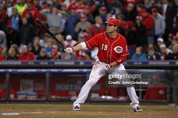 Joey Votto of the Cincinnati Reds bats during Game 4 of the National League Division Series against the San Francisco Giants on Wednesday, October...